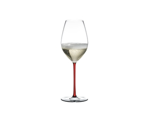 A RIEDEL Fatto A Mano Champagne Wine Glass in red filled with champagne on a transparent background. 