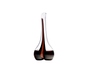 RIEDEL Black Tie Smile Decanter - red filled with a drink on a white background
