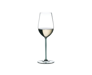 A RIEDEL Fatto A Mano Riesling/Zinfandel glass in mint filled with white wine on a transparent background. 