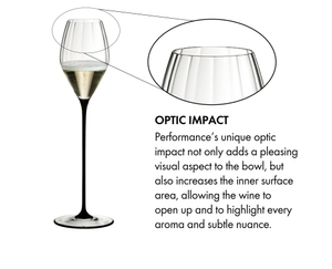 A RIEDEL High Performance Champagne Glass with a black stem filled with champagne on a white background. 