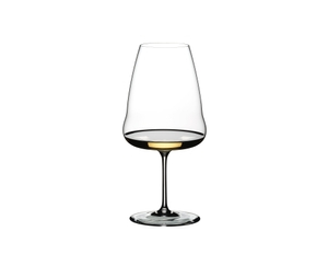 RIEDEL Winewings Riesling filled with a drink on a white background