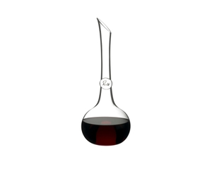RIEDEL Superleggero Decanter filled with a drink on a white background