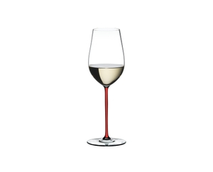 A RIEDEL Fatto A Mano Riesling/Zinfandel glass in red filled with white wine on a transparent background. 
