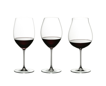 RIEDEL Veritas Red Wine Tasting Set filled with a drink on a white background