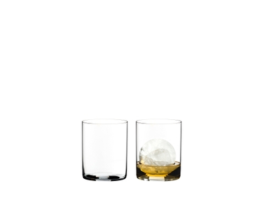 RIEDEL The O Wine Tumbler Whisky H2O filled with a drink on a white background