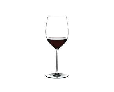 A RIEDEL Fatto A Mano Cabernet/Merlot glass in white filled with red wine on a transparent background. 