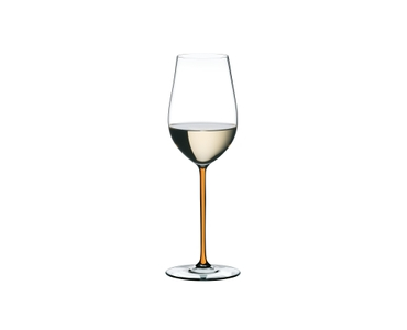 A RIEDEL Fatto A Mano Riesling/Zinfandel glass in orange filled with white wine on a transparent background. 