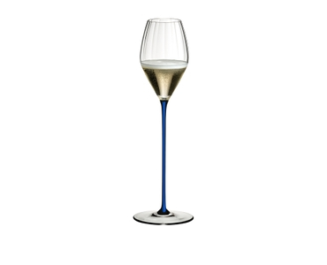 A RIEDEL High Performance Champagne Glass with a dark blue stem filled with champagne on a transparent background. 