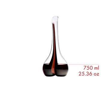 RIEDEL Black Tie Smile Decanter - red filled with a drink on a white background