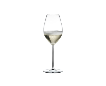 A RIEDEL Fatto A Mano Champagne Wine Glass in white filled with champagne on a transparent background. 