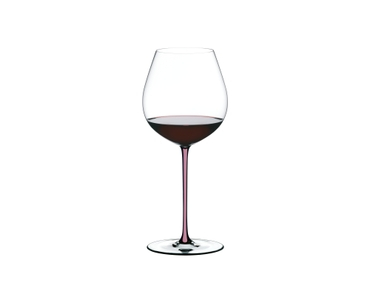 A RIEDEL Fatto A Mano Pinot Noir in mauve filled with red wine on a transparent background. 