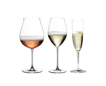 RIEDEL Veritas Champagne Tasting Set filled with a drink on a white background