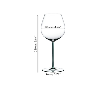 A RIEDEL Fatto A Mano Pinot Noir glass in mint filled with red wine on a white background. 