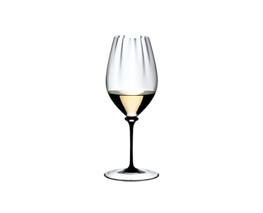 RIEDEL Fatto A Mano Performance Riesling - black stem filled with a drink on a white background