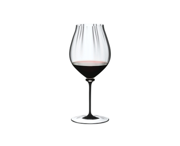 RIEDEL Fatto A Mano Performance Pinot Noir - black stem filled with a drink on a white background