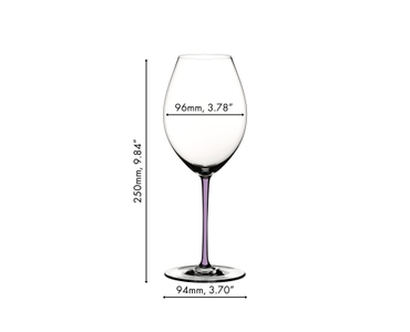 A RIEDEL Fatto A Mano Syrah glass in violet filled with red wine on a white background. 