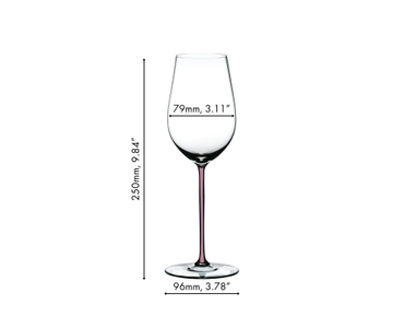A RIEDEL Fatto A Mano Riesling/Zinfandel glass in mauve filled with red wine on a white background. 