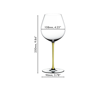 A RIEDEL Fatto A Mano Pinot Noir glass in yellow stands together with a bottle of wine, a white, a green, a black, a red and a dark blue RIEDEL Fatto A Mano Pinot Noir glass against a gray background. 