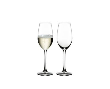 RIEDEL Ouverture Champagne Glass filled with a drink on a white background