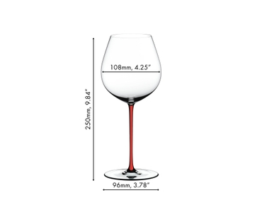 A RIEDEL Fatto A Mano Pinot Noir glass in red stands together with a bottle of wine, a white, a black, a yellow, a green and a dark blue RIEDEL Fatto A Mano Pinot Noir glass against a gray background. 