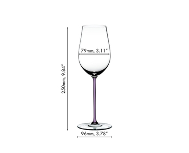 A RIEDEL Fatto A Mano Riesling/Zinfandel glass in violet filled with red wine on a white background. 