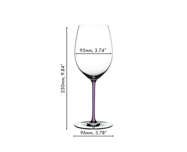 A RIEDEL Fatto A Mano Cabernet/Merlot glass in violet filled with red wine on a white background. 