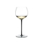 A RIEDEL Fatto A Mano Oaked Chardonnay glass in black filled with white wine on a transparent background. 