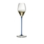 A RIEDEL High Performance Champagne Glass with a dark blue stem filled with champagne on a transparent background. 