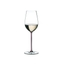A RIEDEL Fatto A Mano Riesling/Zinfandel glass in mauve filled with white wine on a transparent background. 
