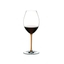 A RIEDEL Fatto A Mano Syrah glass in orange filled with red wine on a transparent background. 