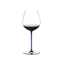 A RIEDEL Fatto A Mano Pinot Noir glass in dark blue filled with red wine on a transparent background. 
