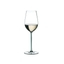 A RIEDEL Fatto A Mano Riesling/Zinfandel glass in mint filled with white wine on a transparent background. 