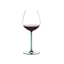 A RIEDEL Fatto A Mano Pinot Noir glass in turquoise filled with red wine on a transparent background. 
