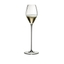 A RIEDEL High Performance Champagne Glass with a clear stem filled with champagne on a transparent background. 