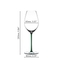 A RIEDEL Fatto A Mano Champagne Wine Glass in green stands together with a bottle of wine, a white, a dark blue, a yellow, a red and a black Fatto A Mano Champagne Wine Glass against a gray background. 