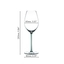 Six unfilled RIEDEL Fatto A Mano Champagne Wine Glass are standing on a silver table with different colored stems. There is a glass with a white, a turquoise, mauve, orange, violet and mint. 