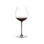 A RIEDEL Fatto A Mano Pinot Noir in green filled with red wine on a transparent background. 