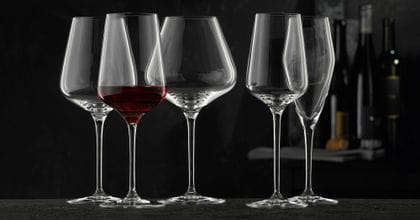 La serie di bicchieri in cristallo Vinova di NACHTMANN comprende il bicchiere da vino rosso pieno di vino rosso e i bicchieri vuoti da Bordeaux, Borgogna, Vino bianco e Champagne.<br/>