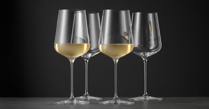 four white wine glasses on table top