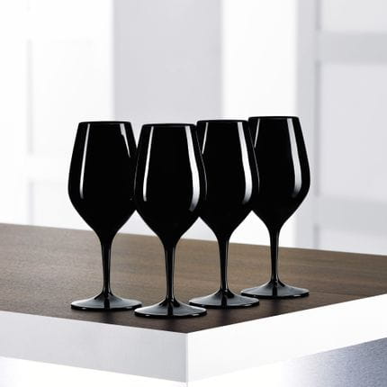 Four SPIEGELAU Authentis blind tasting glasses in black color on a table<br/>