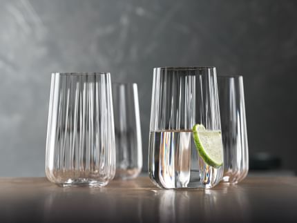 Spiegelau Lifestyle Long Drink Set filled with water and lime.