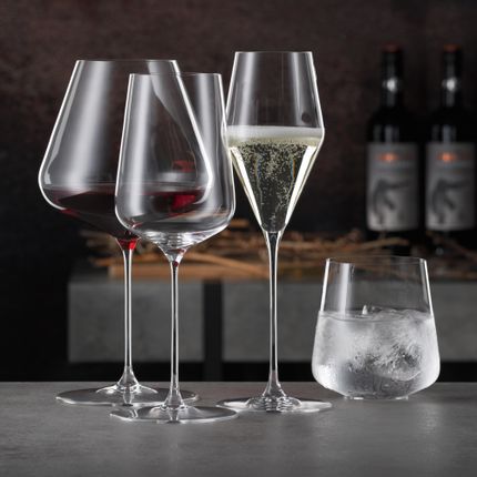 Il bicchiere da Borgogna SPIEGELAU Definition riempito di vino rosso, il bicchiere da Champagne riempito, il bicchiere da vino bianco vuoto e il tumbler riempito di acqua e cubetti di ghiaccio.<br/>